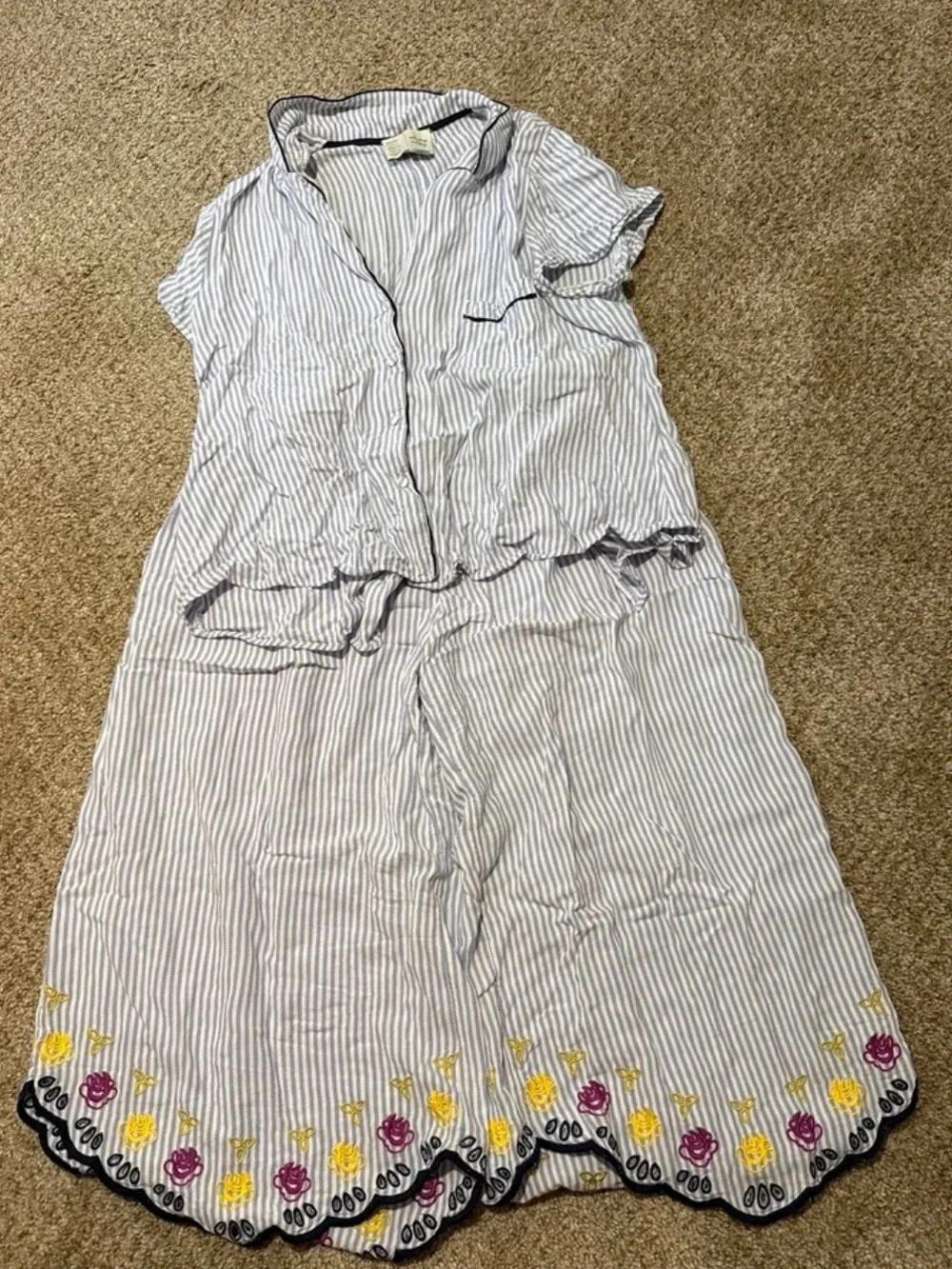 Anthropologie Blue and White Striped Embroidered Pajama Set